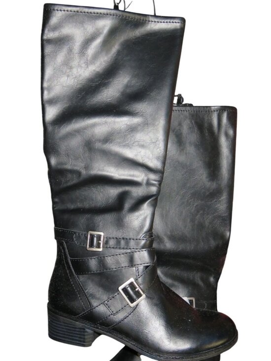 Arizona Jeans Shoes - Arizona Jeans Dakota Black Leather Buckle Embellished Riding Boots Memory Foam